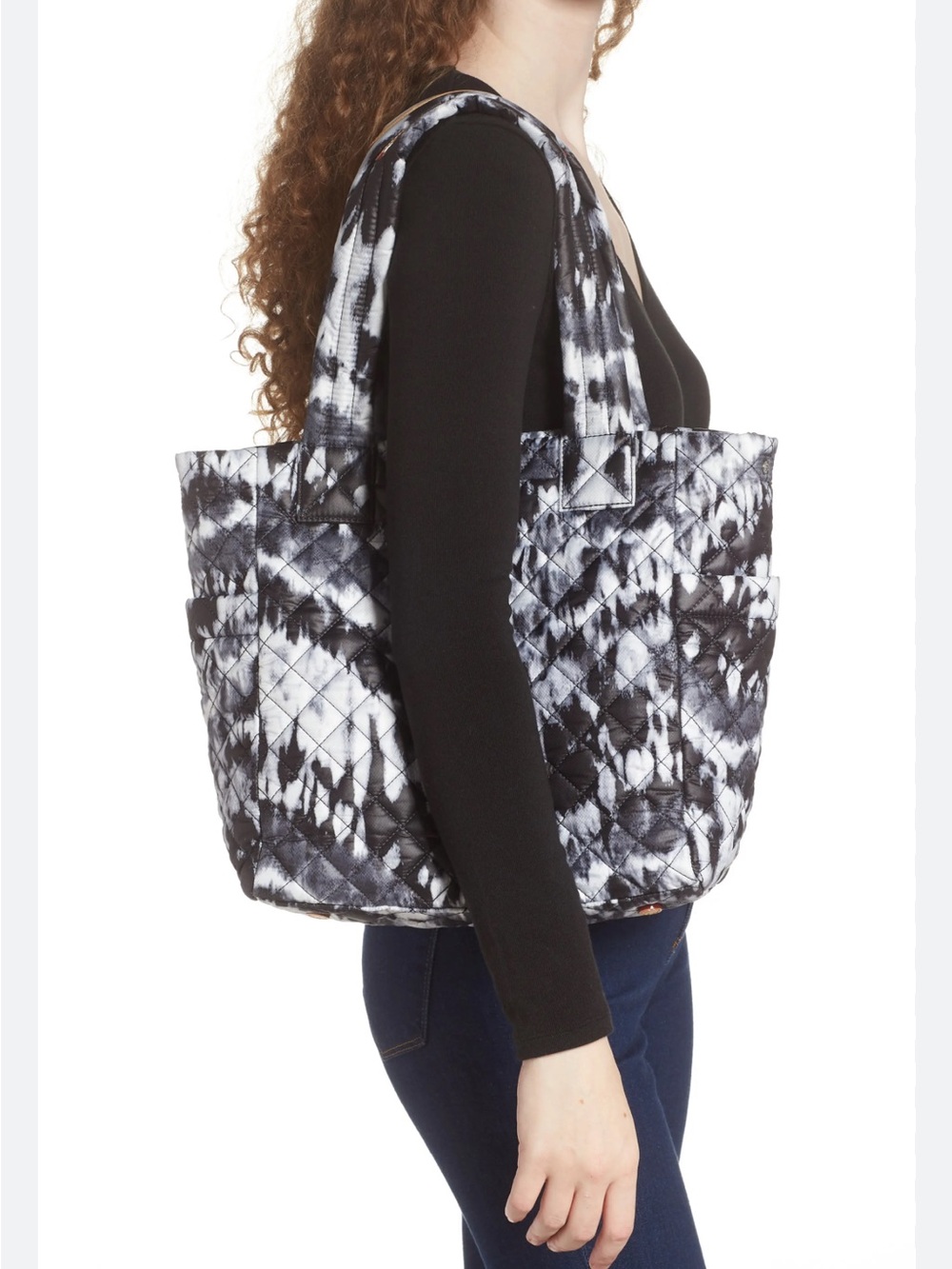 MZ Wallace Quilted Nylon Tote & Leather Trim Wave Tie Dye Black. White & Gray
